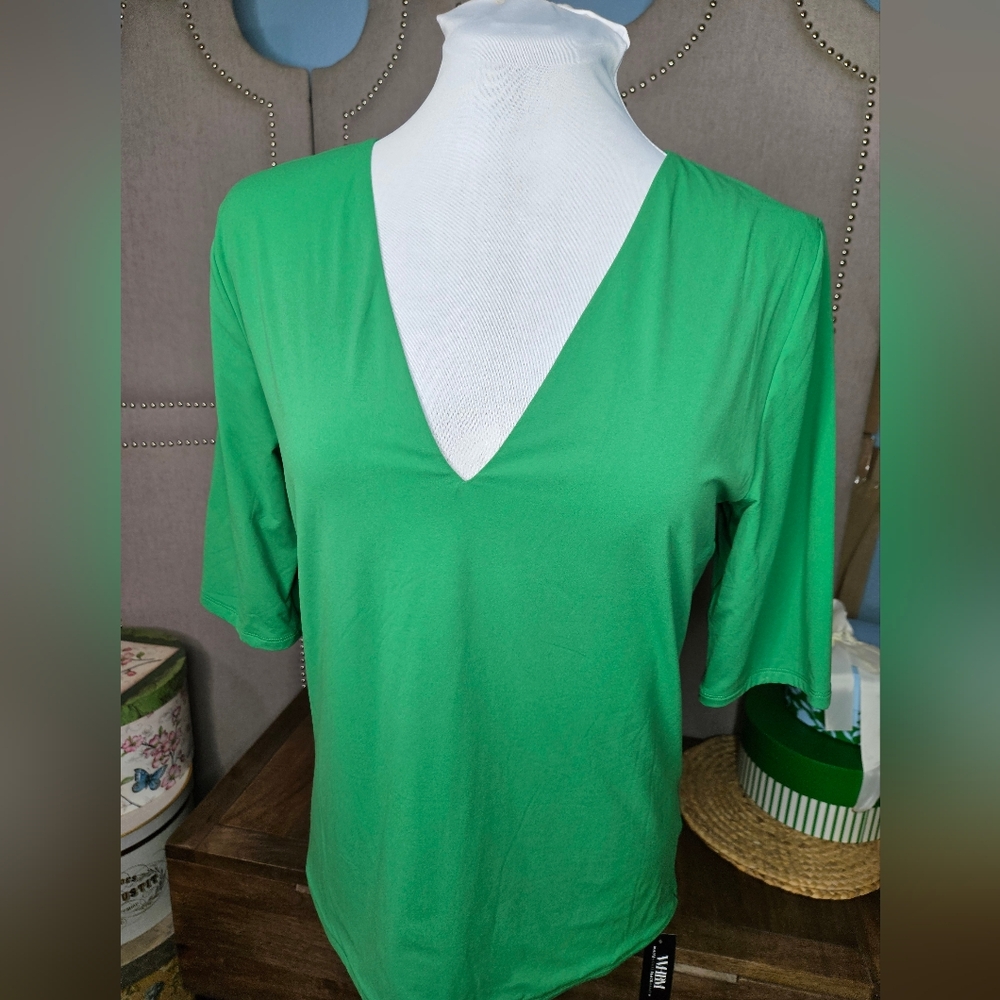 WHBM Forme Elbow Sleeve V Neck Top Amazon Green - Picture 2 of 12